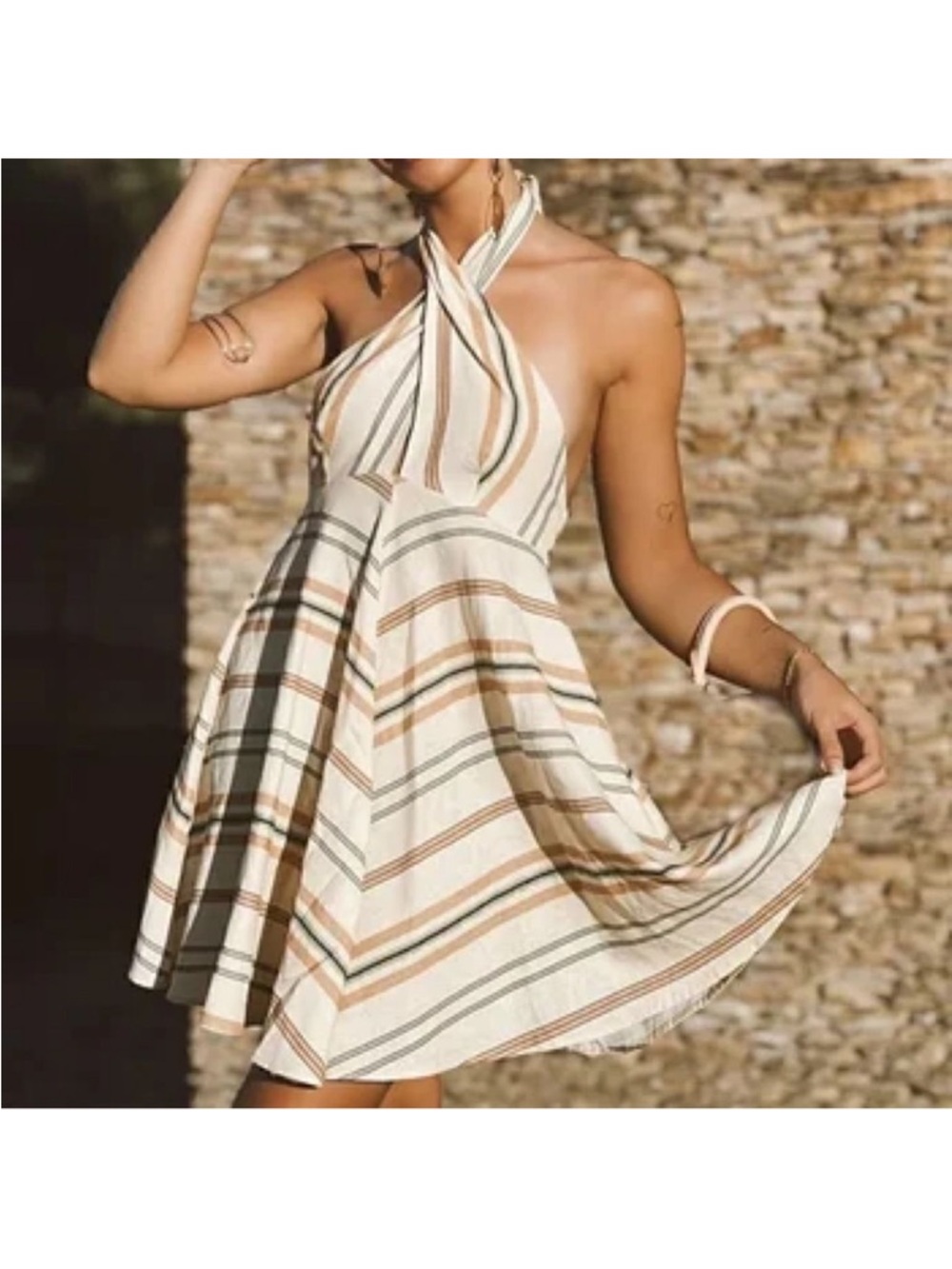 Zara Linen Blend Striped Halter Sun Dress